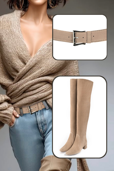 Tan beige women's stretch thigh-high boots. Round toe. Low flare heels. Made to measure. Worn view - Florence KOOIJMAN